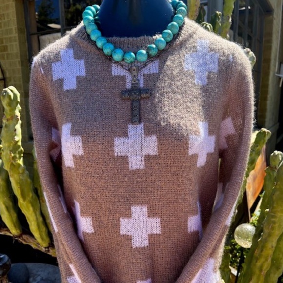 Women's - Press "I Want You to Stay" Beige & White Cross Sweater - Small - Picture 2 of 16